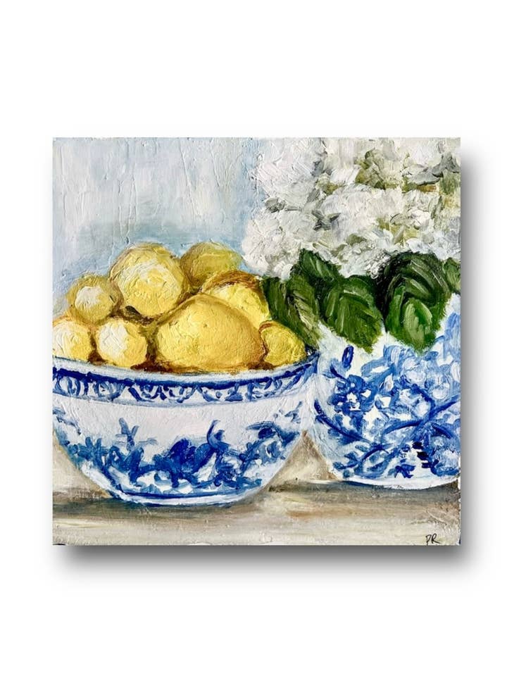 Lemons & Hydrangeas Art Print for wholesale by Pooja Roy Studio