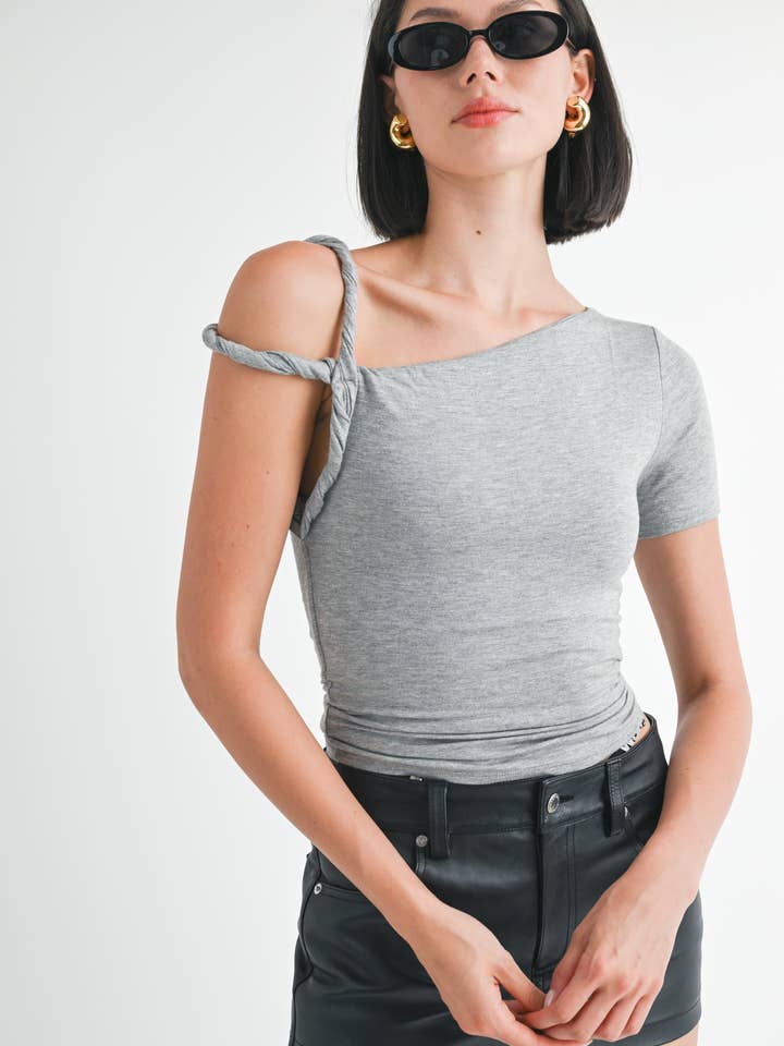 SINGLE SLEEVE TWIST SHOULDER TOP for wholesale by Emory Park