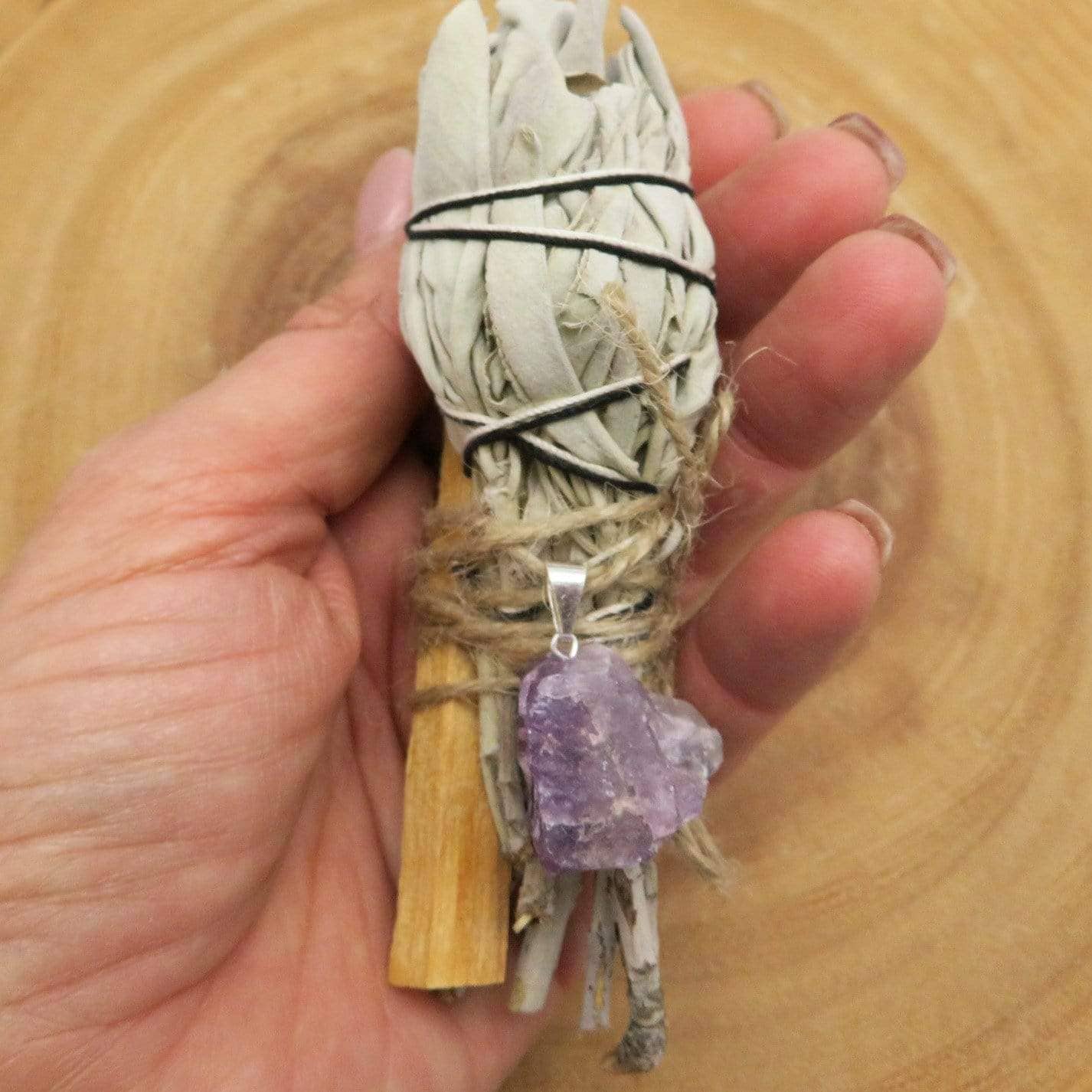 Rock Paradise – wholesale Sage bundle – Crystal Sage Palo Santo Bundle w/ Stone Pendant6