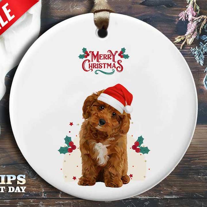 VenusArtsShop - Wholesale Ornament - Funny Cavapoo Christmas Ornament - Brown Cavapoo Wearing