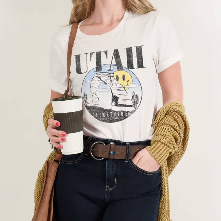 Utah Graphic T-Shirt | Retro Mountain & Sunset Design | Unis for wholesale by Achitopia