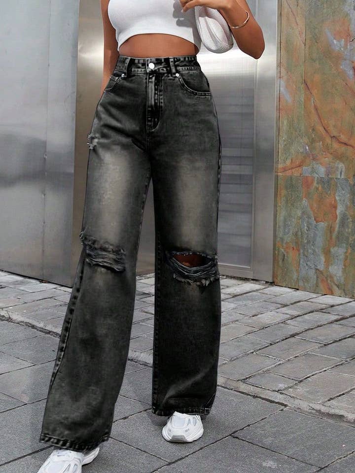 Calças de ganga de cintura alta com pernas largas angustiadas por atacado de Aria Romance