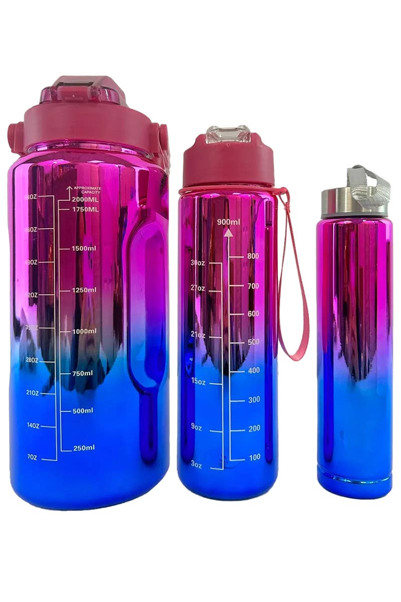 Cap Zone - Wholesale Water Bottle - Metallic Ombre 3 PC Sippy Straw Tumbler Water Bottle Cup Set1
