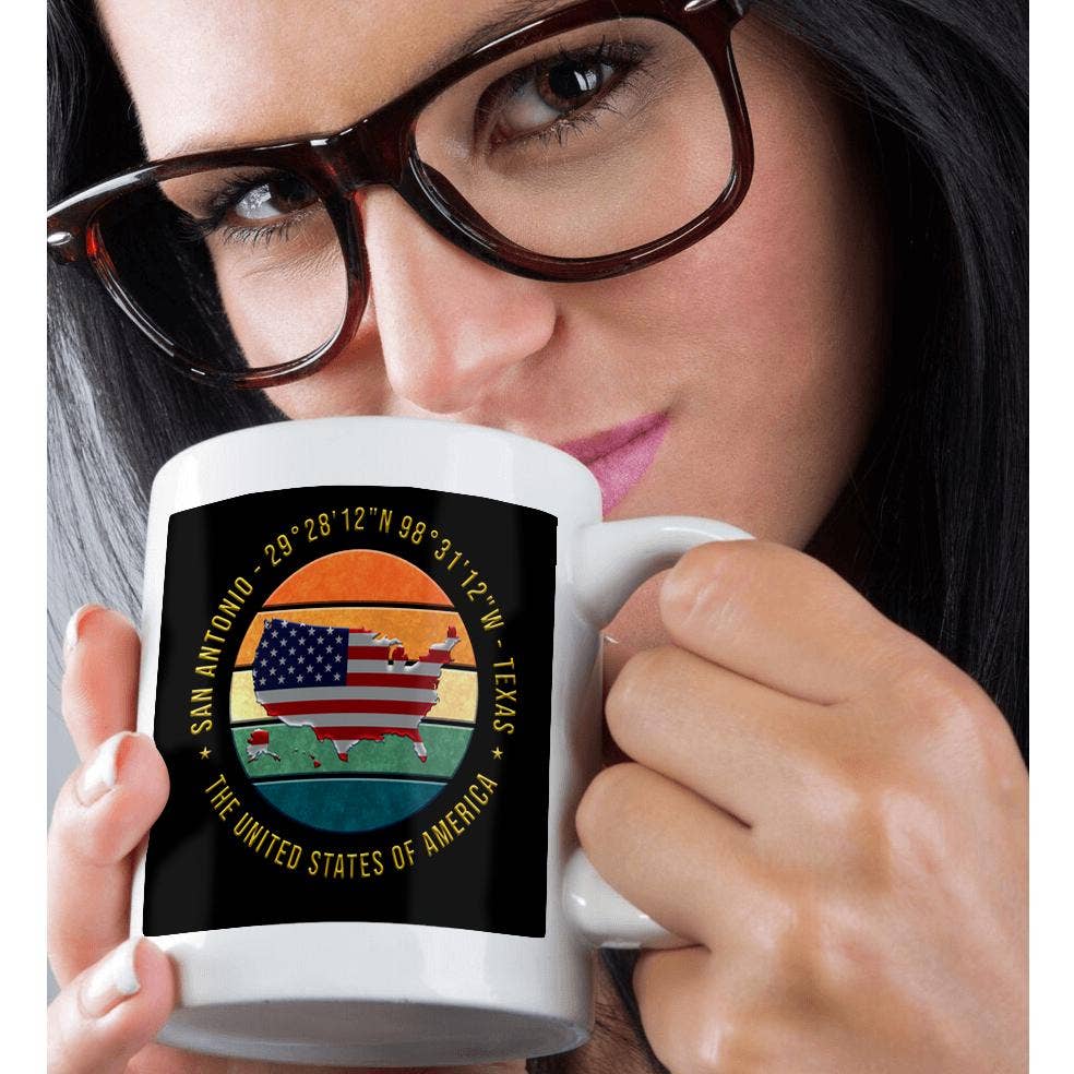 3dRose – wholesale Coffee mug – 3dRose, San Antonio, Texas, Geographic Coordinates, USA Map, Flag, Stars, Mug9