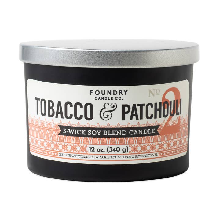 Foundry Letterpress 12 Oz. Black Glass Tobacco & Patchouli for wholesale by Foundry Candle Co