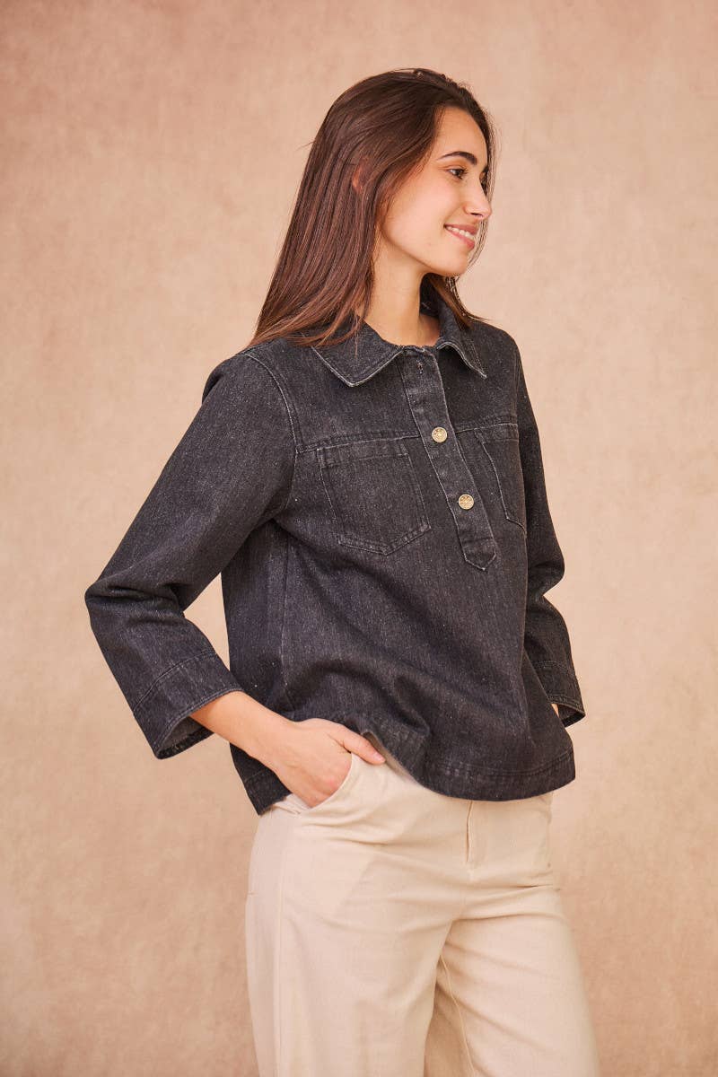 Calie Paris – Engroshandel Bluse - Dame – ANOUCHKA denimbluse med knaplukning1