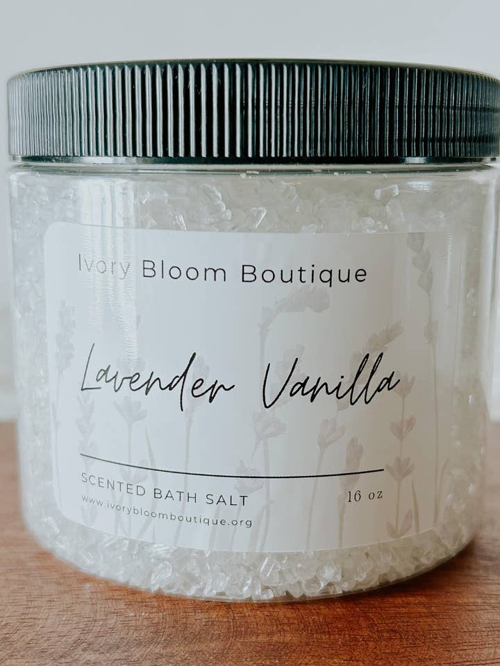 16oz Lavender Vanilla Bath Salt for wholesale by Ivory Bloom Boutique