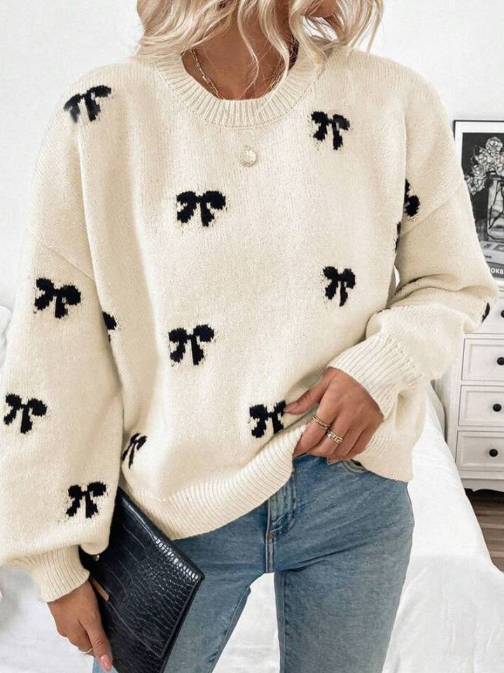 Rosa Clothing - Wholesale Knit Sweater - Women's - Gentle Bow Pattern Cozy Knitted Sweater0