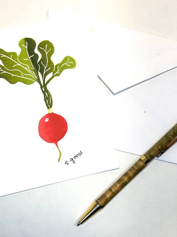 Carte de correspondance vierge à thème alimentaire de jardin "Radis" pour la vente par Sue Gross Design Studio