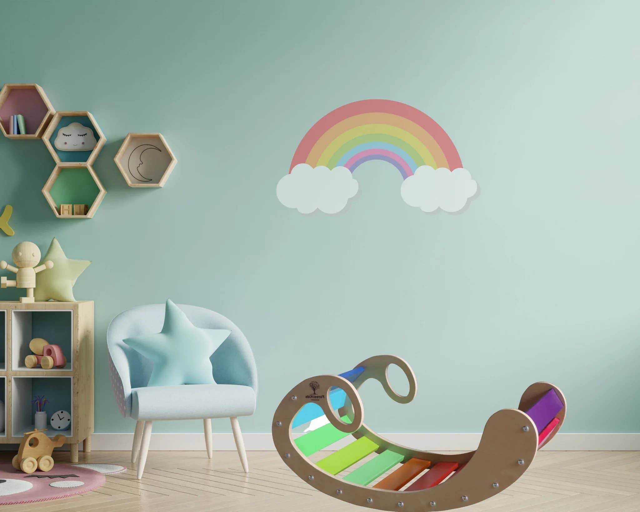 Forest Kids - Vente Jouet en bois – enfant - Bascule et balançoire arc-en-ciel en bois Montessori pour enfants3