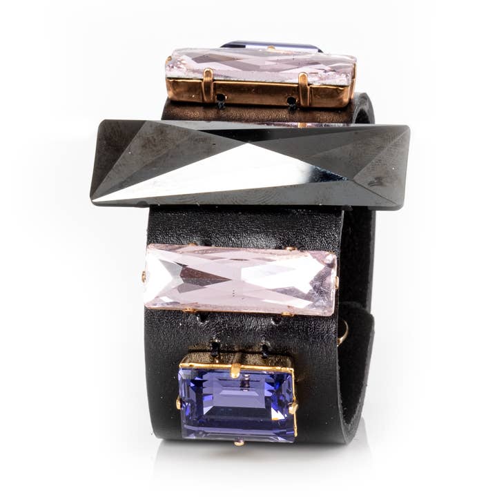 Black Leather Cuff with Blush & Sapphire Crystals for wholesale by The Dark