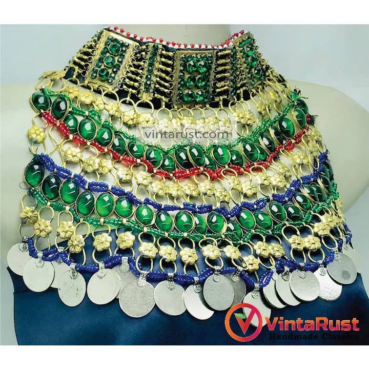 vintarust – wholesale Choker/Krage – Grönt choker halsband, kristallsten och antika mynt