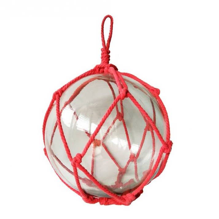 Hampton Nautical - Wholesale Decorative Tabletop Object - Clear Japanese Glass Ball Fishing Float with Red Netting Decoration 12"1