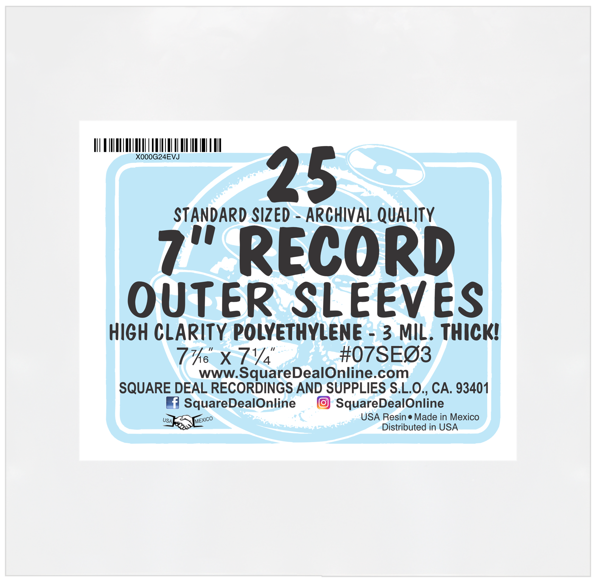 Square Deal Recordings & Supplies – Acessório de música por atacado – Capas Externas para Discos de 7" Slim Fit - Polietileno - 3 Mil0