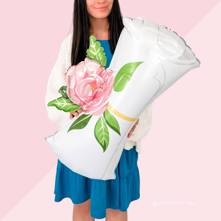 Graduation Scroll Foil Balloon with Pink Rose – 21" x 31" for wholesale by Zoey Christina