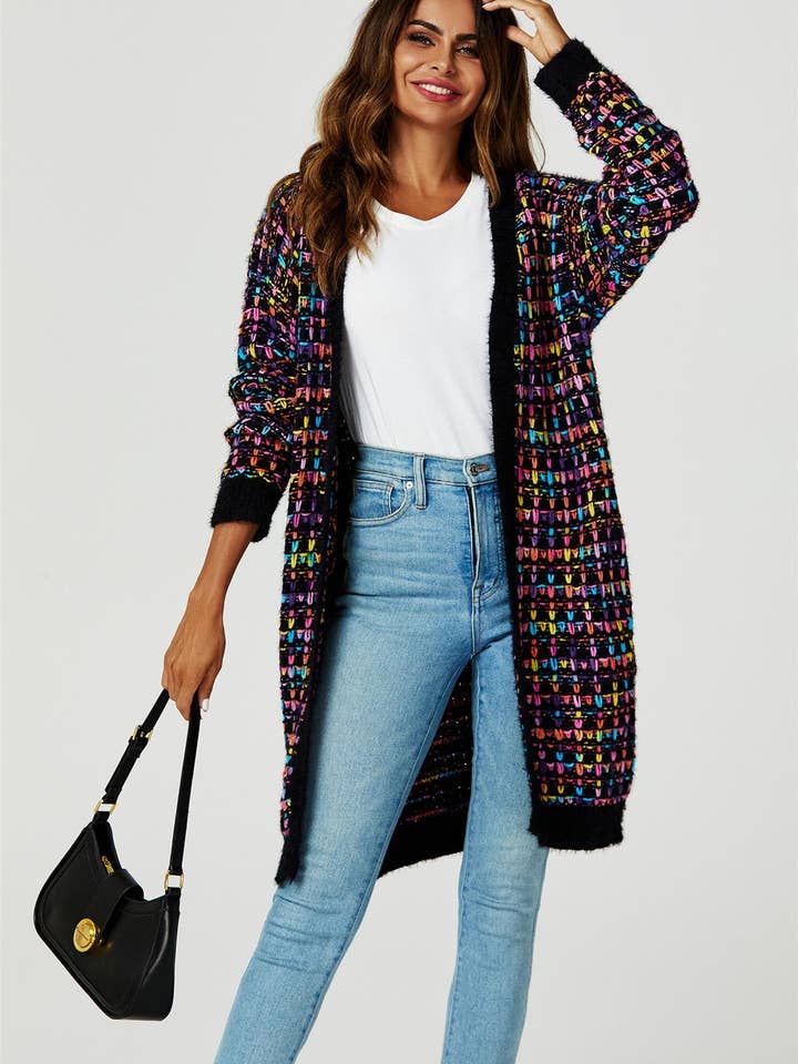 Rainbow Flerfarvet Speckles Boucle Check Cardigan I Sort for engroshandel hos FS Collection (Germany)