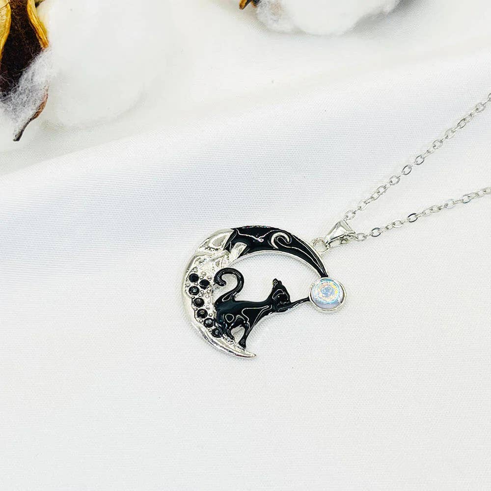 GemMeet - Wholesale Pendant/Charm Necklace - Moonstone Black Cat Moon Necklace2