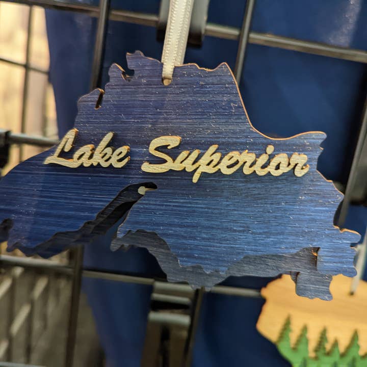 Lake Superior Wood Ornament Art 5" for wholesale by Knit and Nailed