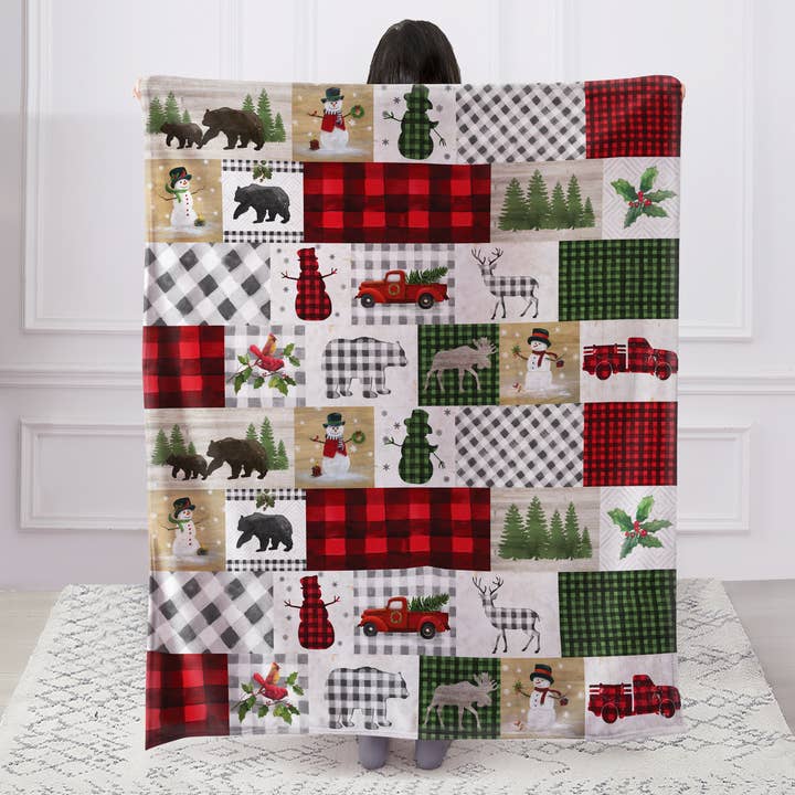 "Country Lodge Patchwork" 1-Ply Faux Fur Everyday Blanket for wholesale by Duke Imports