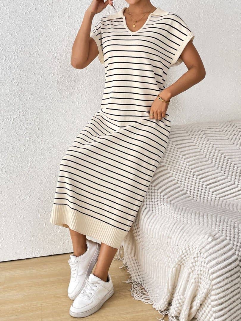 APRICOT Loose casual striped V-neck long dress for wholesale on Faire1