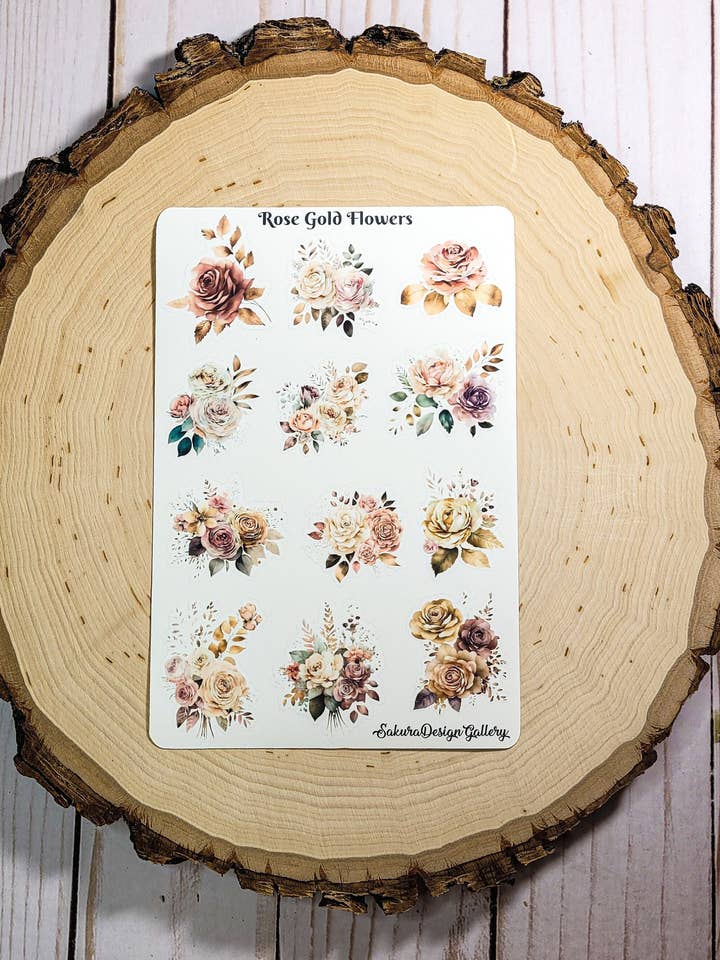 Feuille d'autocollants Fleurs Or Rose – Autocollants Floraux Élégants pour la vente par Sakura Design Gallery