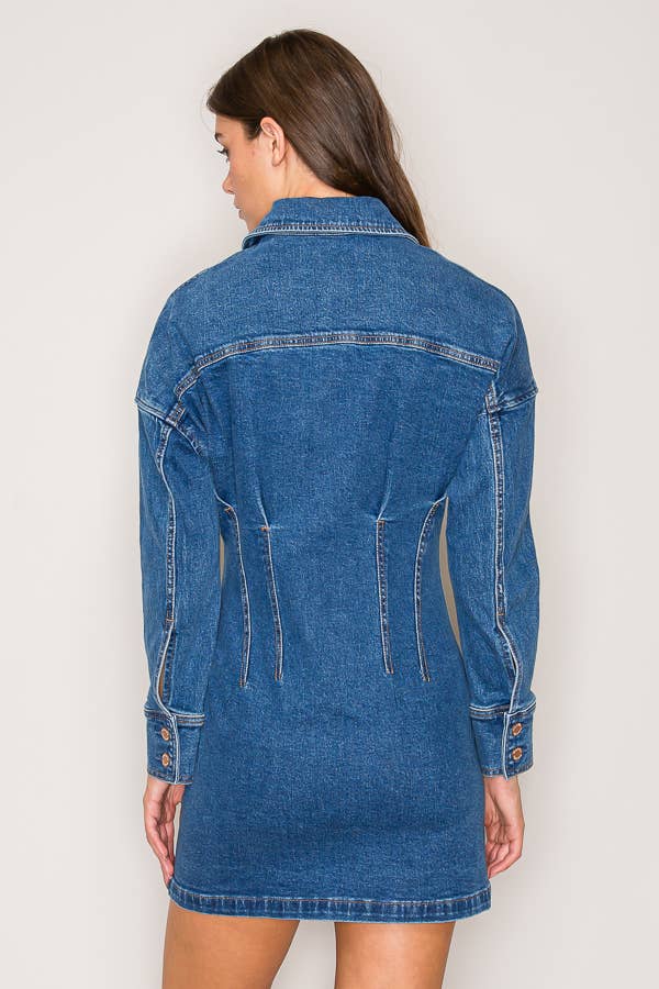 C7002 - LONG SLEEVE BUTTON DOWN DENIM SHORT DRESS for wholesale on Faire1