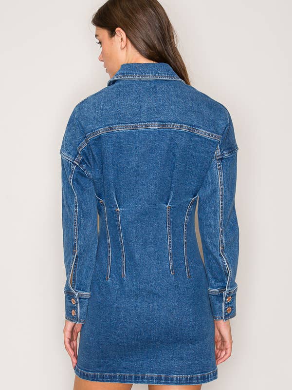 C7002 - LONG SLEEVE BUTTON DOWN DENIM SHORT DRESS for wholesale on Faire1