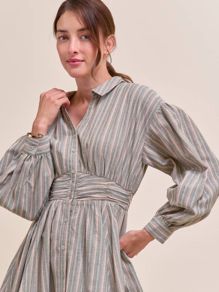 &MERCI - Wholesale Dress - Women's - STRIPED BUTTON DOWN RUCHED WAIST MINI DRESS MDR41830