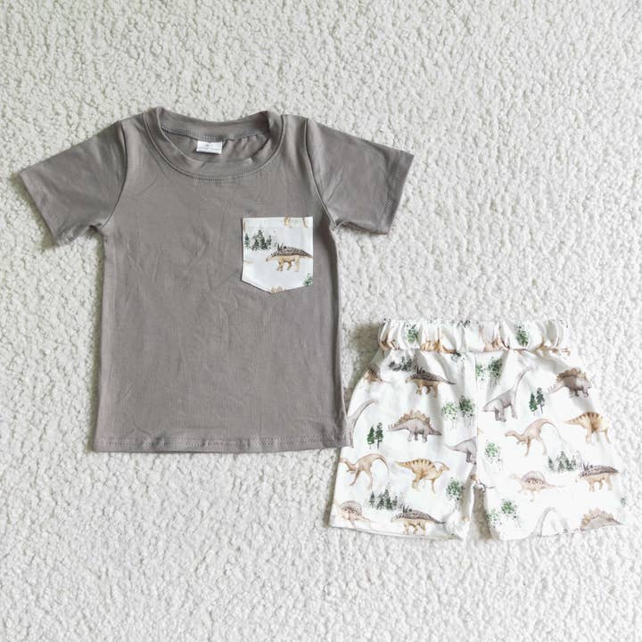 Yawoo Garments - Wholesale Top & Short Set - Kids - Boy Gray Dinosaur Shorts Outfit