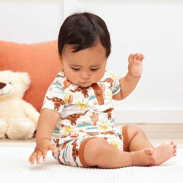 Tesa Babe - Wholesale Jumpsuit - Baby - Happy Trails Bamboo Henley Short Romper