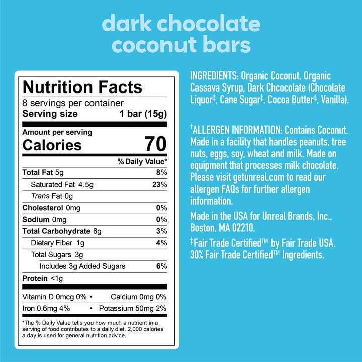 UNREAL - Wholesale Chocolate Bar - Dark Chocolate Coconut Bars - 6 Bag Case