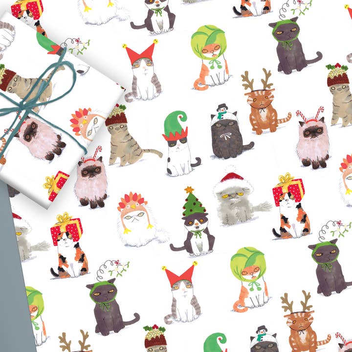Papel de Presente com Estampa de Gatos usando Chapéus de Natal por atacado de Jo Clark Design