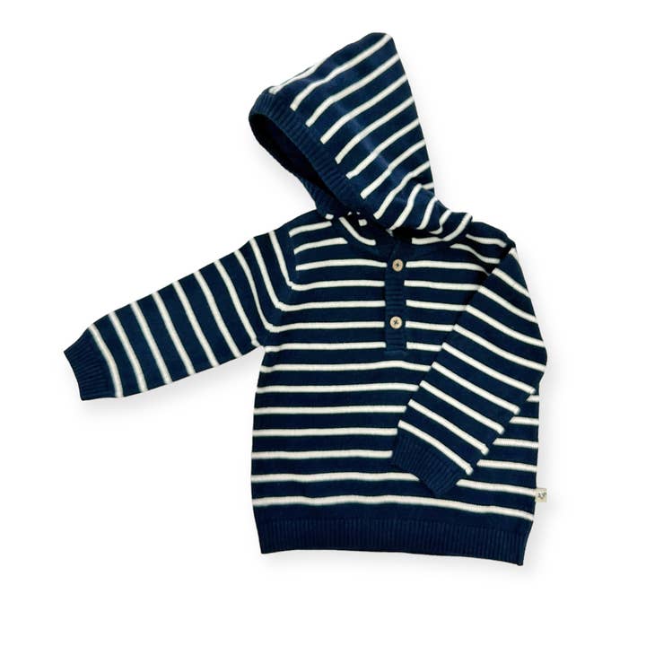 Blu marino - Pullover in maglia per neonati con cappuccio a righe (biologico) per la vendita all'ingrosso da parte di Viverano Organics