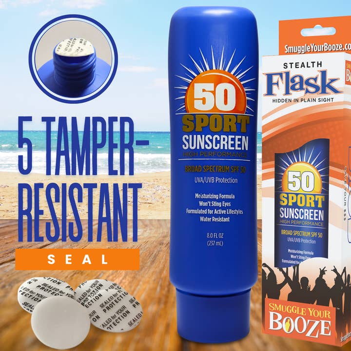 Smuggle Your Booze - Wholesale Gag Gift/Novelty Gift - SPF 50 Sunscreen - 8oz Sealth Flask With Funnel & 5 Seals3