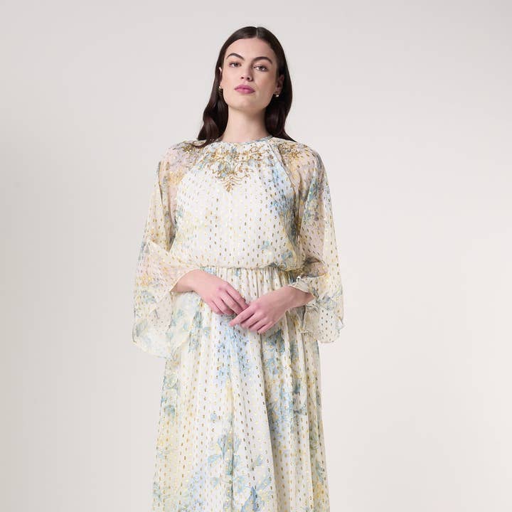 Melissa Cream Floral Print Maxi Dress with Embellished Detailing for wholesale by Frock & Frill