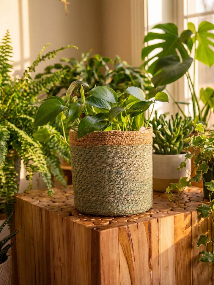 Green Basket Planter Potcover (Set of 5) (8",7",6"5",4) for wholesale by Creation Jute