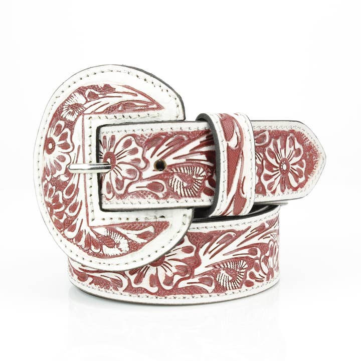 Tooled Floral Leather Belt with Covered Buckle ABB 38 1001 for wholesale by Leather Impressions Inc