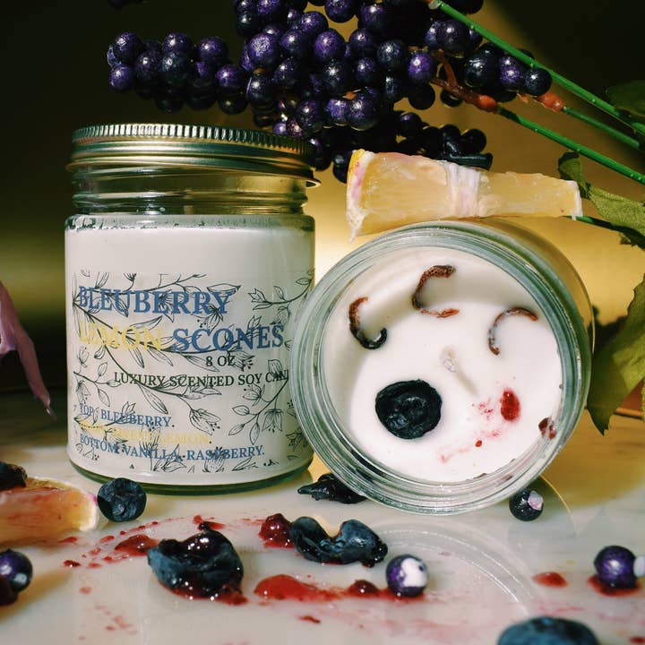 8 Oz Luxury Bleuberry Lemon Scones Tin Topped Soy Wax & Coconut Oil Candle for wholesale by Mahatma Candles LLC
