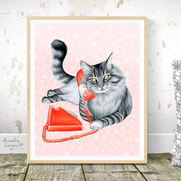 Sardines Studio - Wholesale Art Print - Cat on the Phone Art Print