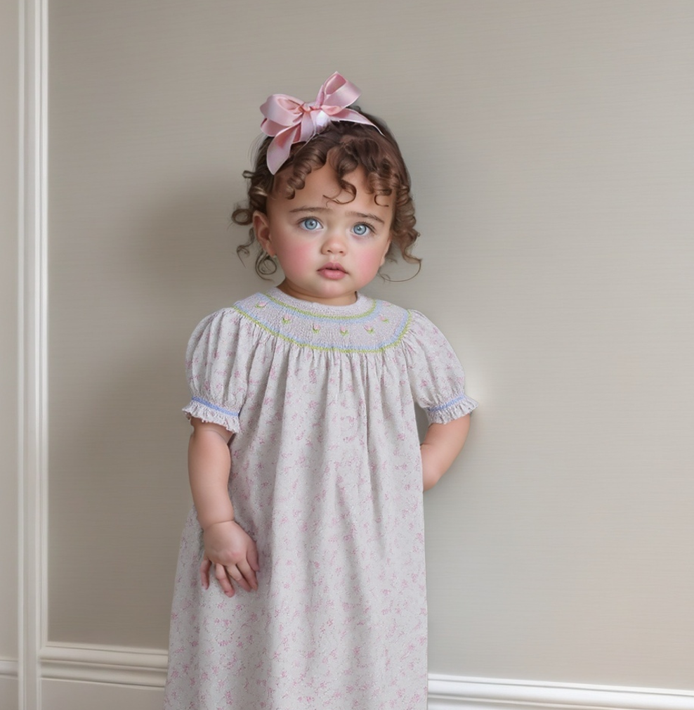 Hello Bebes! - Wholesale Dress - Kids - Floral Heirloom Smocked Short Bishop Sleeve Dress0