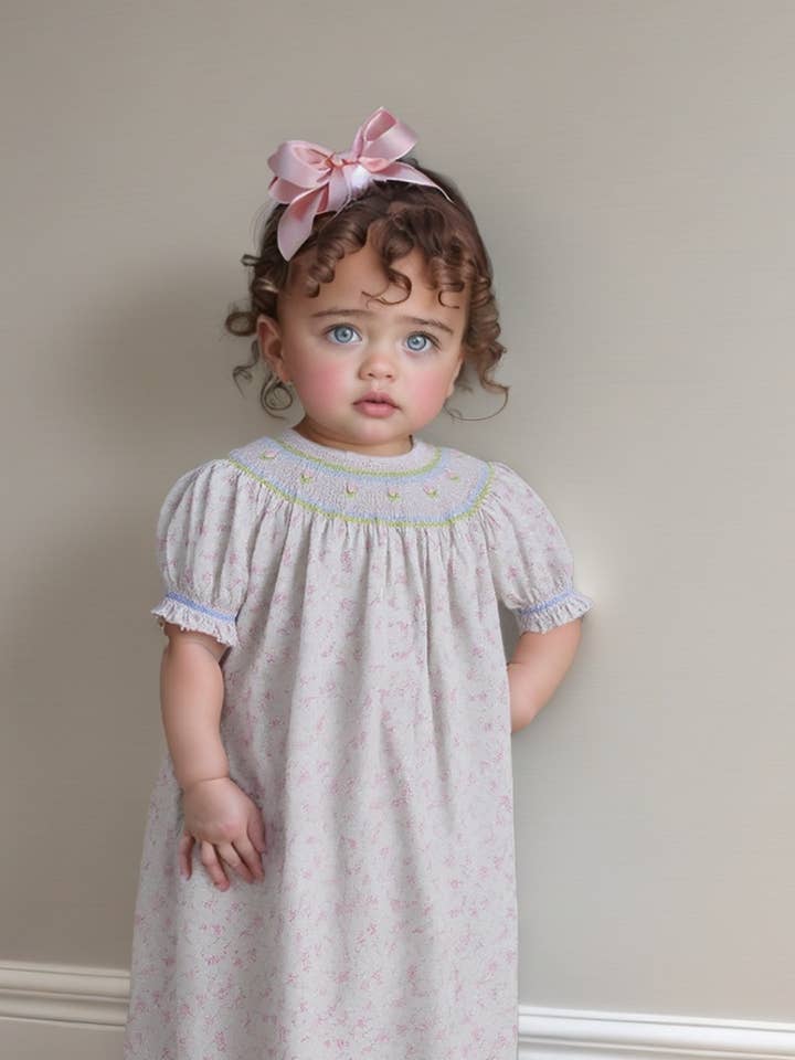 Hello Bebes! - Wholesale Dress - Kids - Floral Heirloom Smocked Short Bishop Sleeve Dress