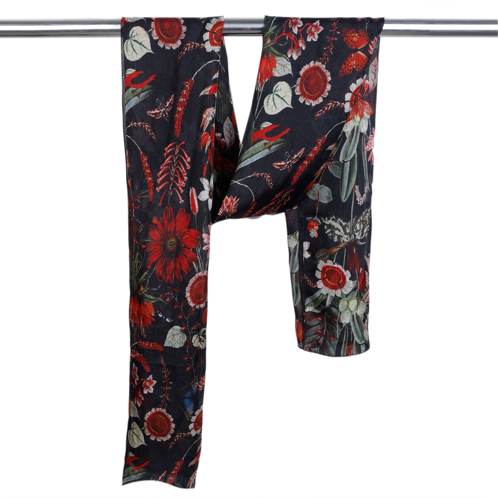 Namaskar Australia - Wholesale Scarf - Women's - Tropical Garden Scarf – Pure Silk Wrap | Red Botanical & Exotic Bird Australian Coastal Print on Black base1
