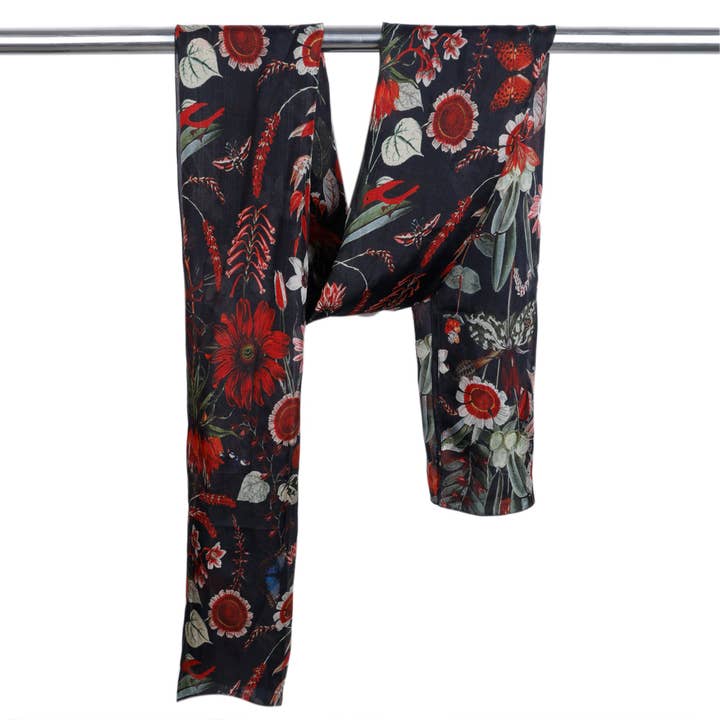 Namaskar Australia - Wholesale Scarf - Women's - Tropical Garden Scarf – Pure Silk Wrap | Red Botanical & Exotic Bird Australian Coastal Print on Black base1