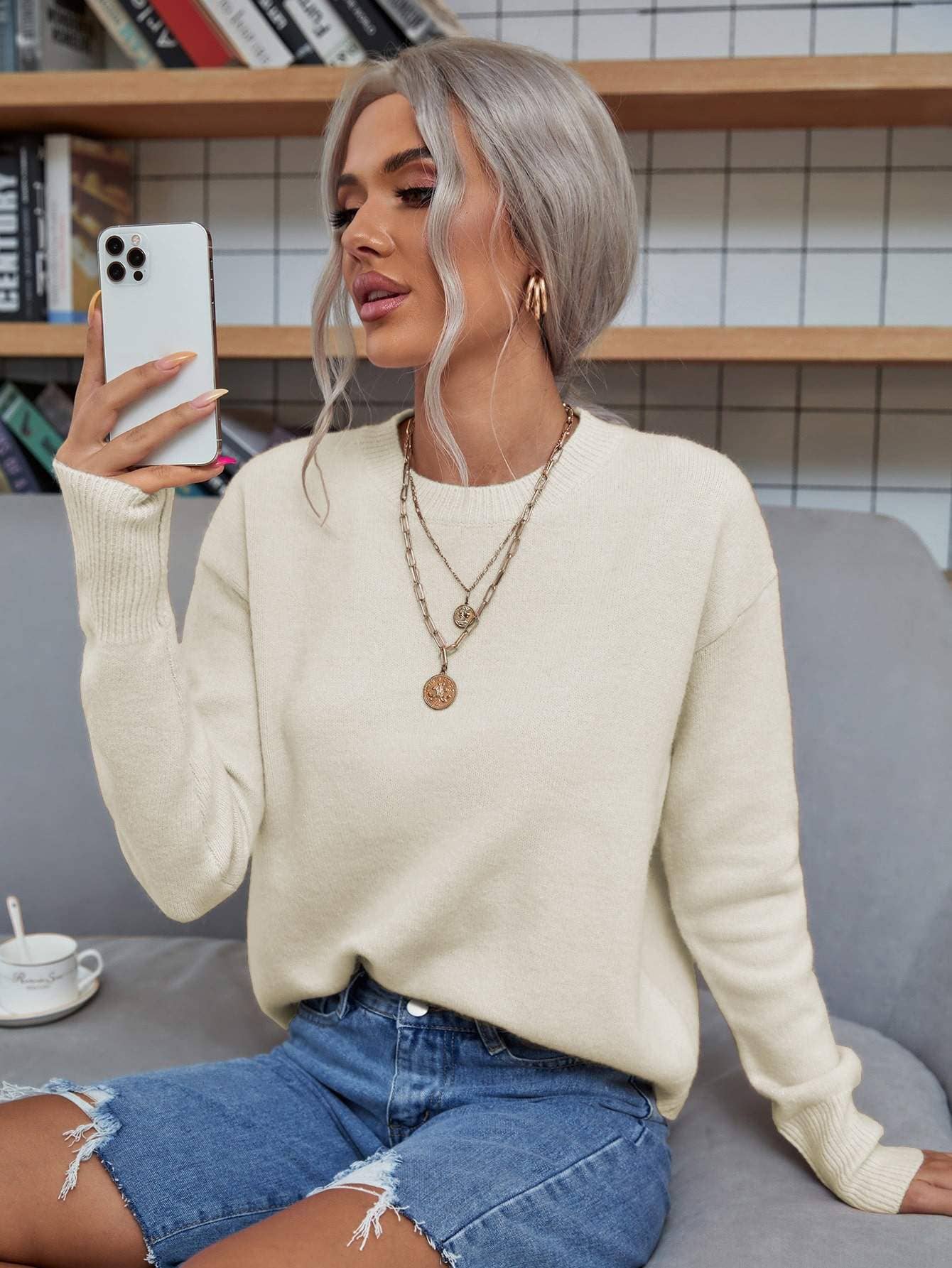 Fashion Combination – wholesale Knitted jumper – Women′s – solid drop shoulder sweater4