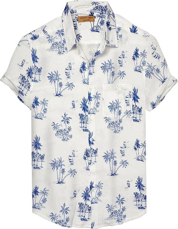 HAPPY BAY Cotton Men's Hawaiian Shirt Blue Palm Tree P00439 for wholesale on Faire