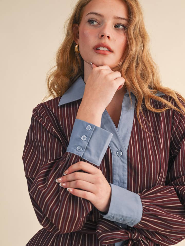 &MERCI - Wholesale Dress - Women's - STRIPED BUTTON DOWN BELTED MINI DRESS MDR426721