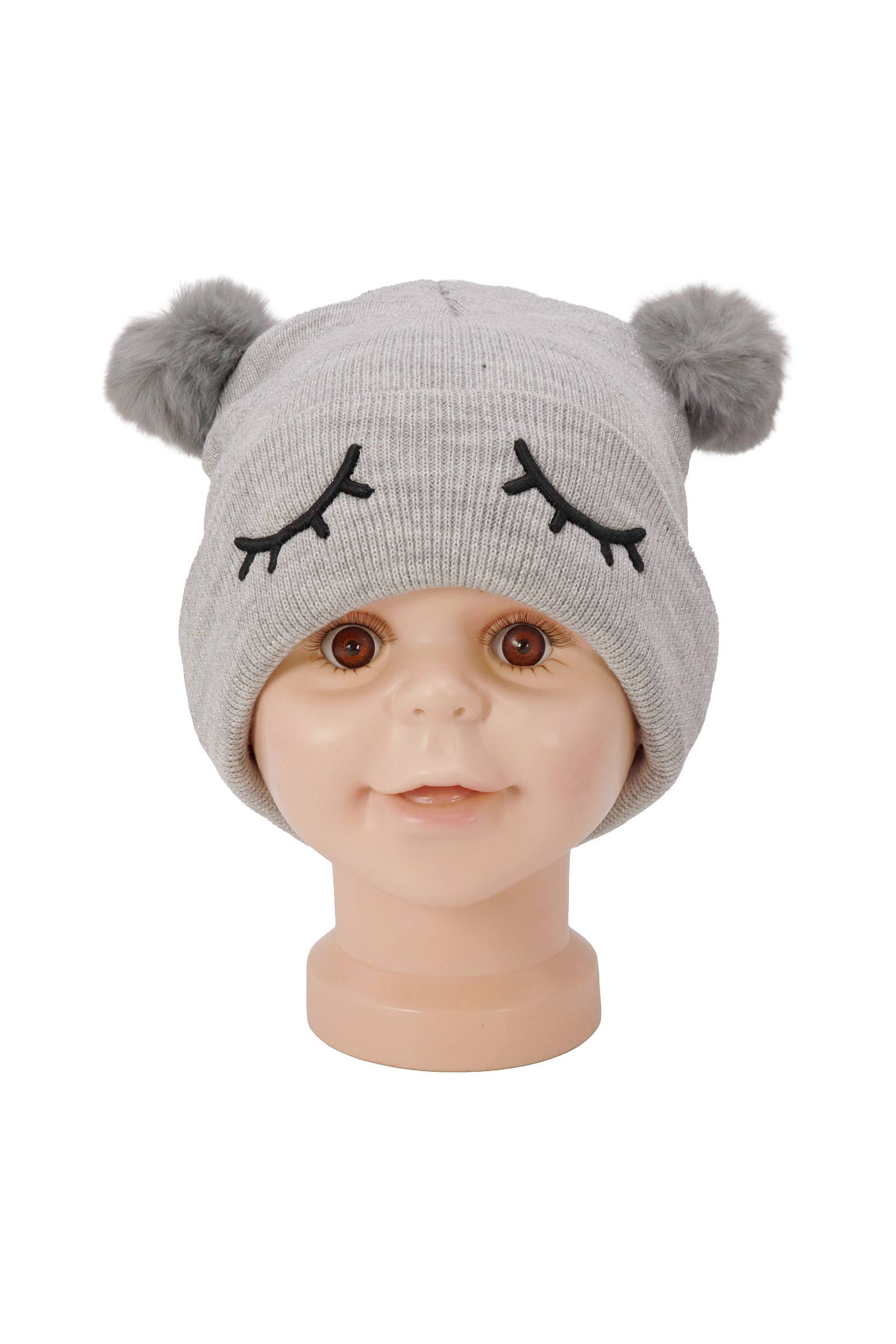 ASSORTED Kids Dreamy Eyes Double Pom Pom Knitted Beanie for wholesale on Faire4