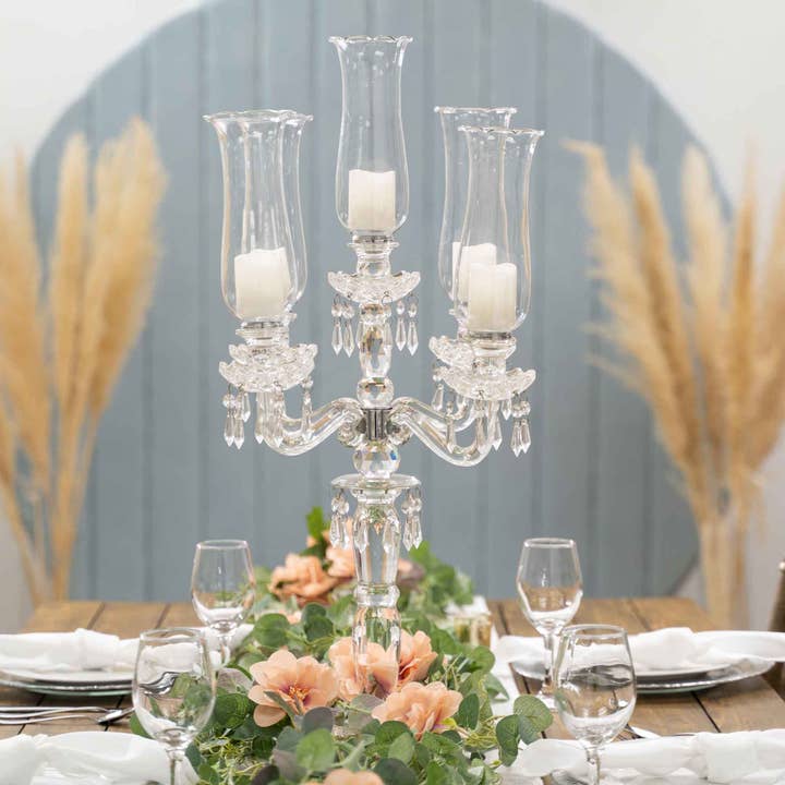 Portofino International Trading, USA - Wholesale Candle Holder - Crystal 5 Arm Candelabra with Glass Hurricane Globes 31"