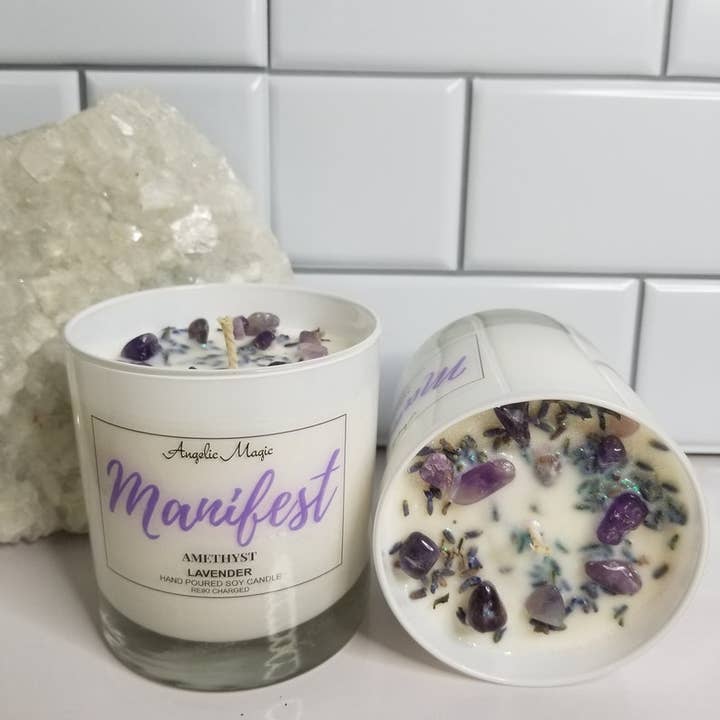 Angelic Magic - Wholesale Jar/Filled Candle - MANIFEST Crystal Soy Candle, Healing Candle, Lavender 11oz1