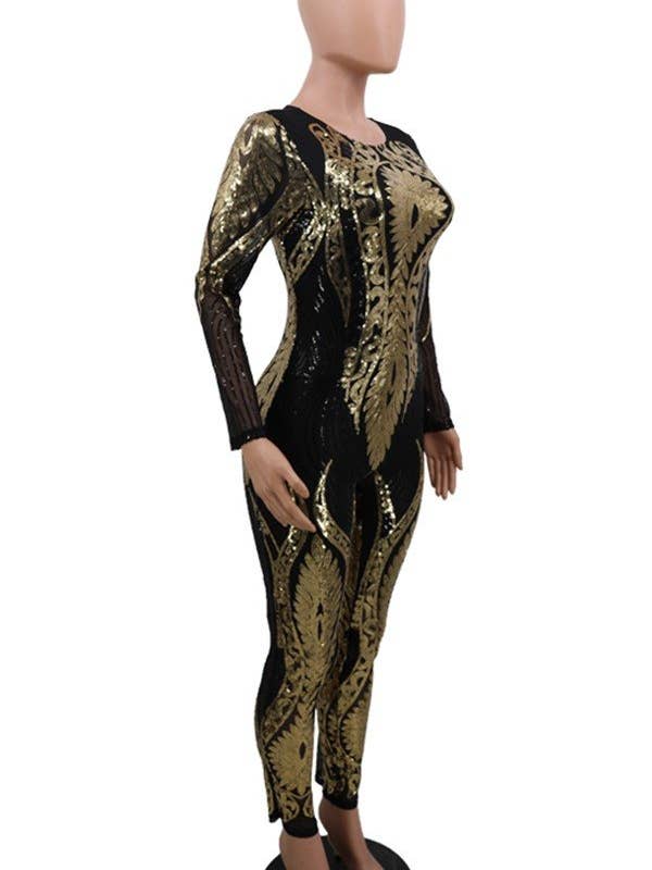 Aria Romance - Wholesale Jumpsuit - Women's - Glamorous Sequin Upscale Women's Long-Sleeved See-Through Jumpsuit